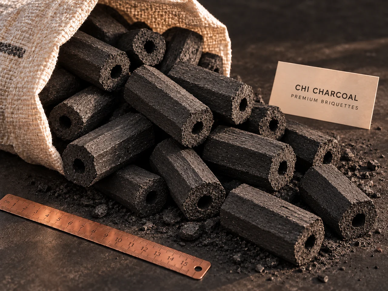 Compressed hexagonal charcoal briquettes with clearly visible central holes