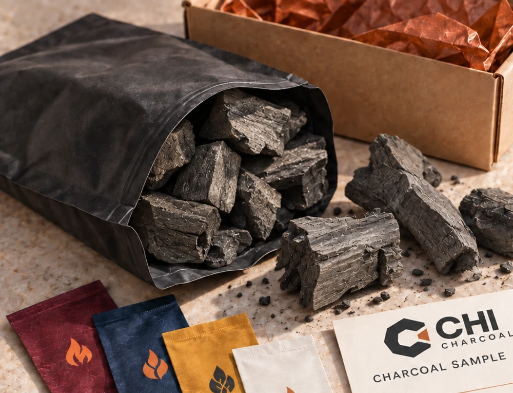 Irregular hardwood lump charcoal with visible carbonised grain