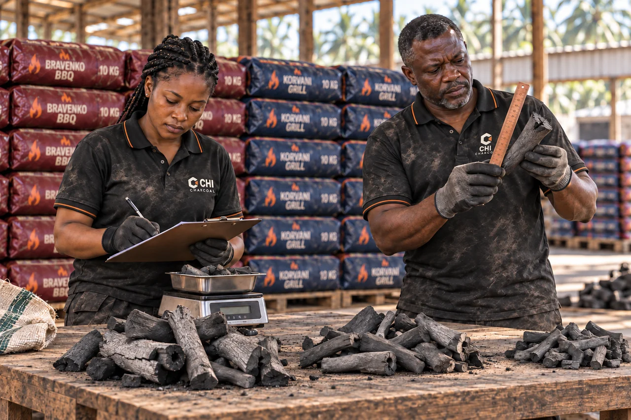 Illustrative quality-control scene showing charcoal grading and bag-weight checks