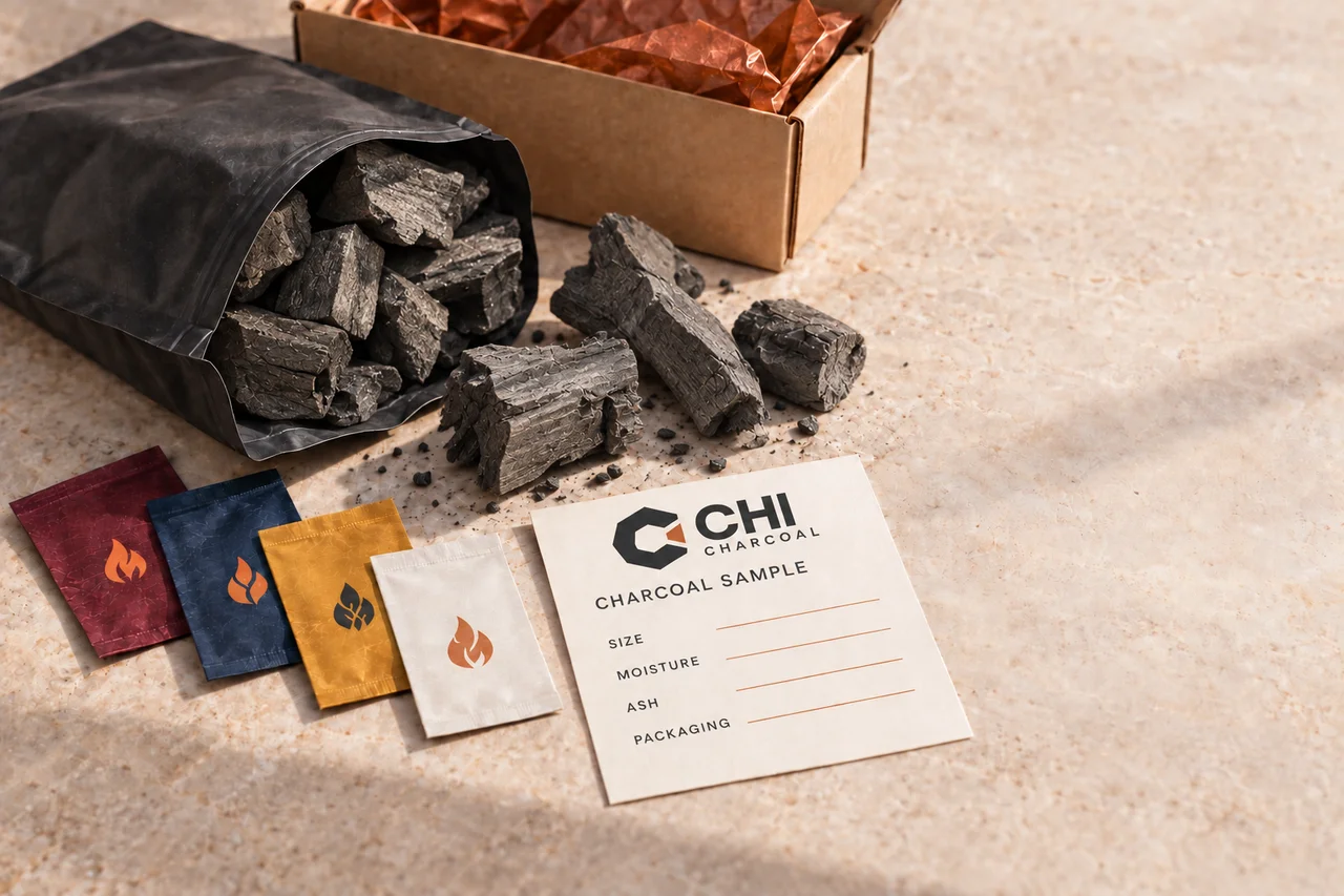Illustrative charcoal sample kit with product pieces and packaging material swatches