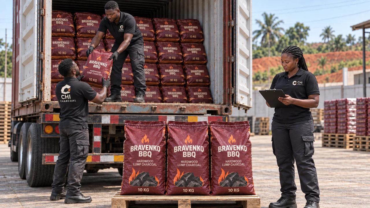 Illustrative truck-mounted container loading scene with private-label charcoal bags