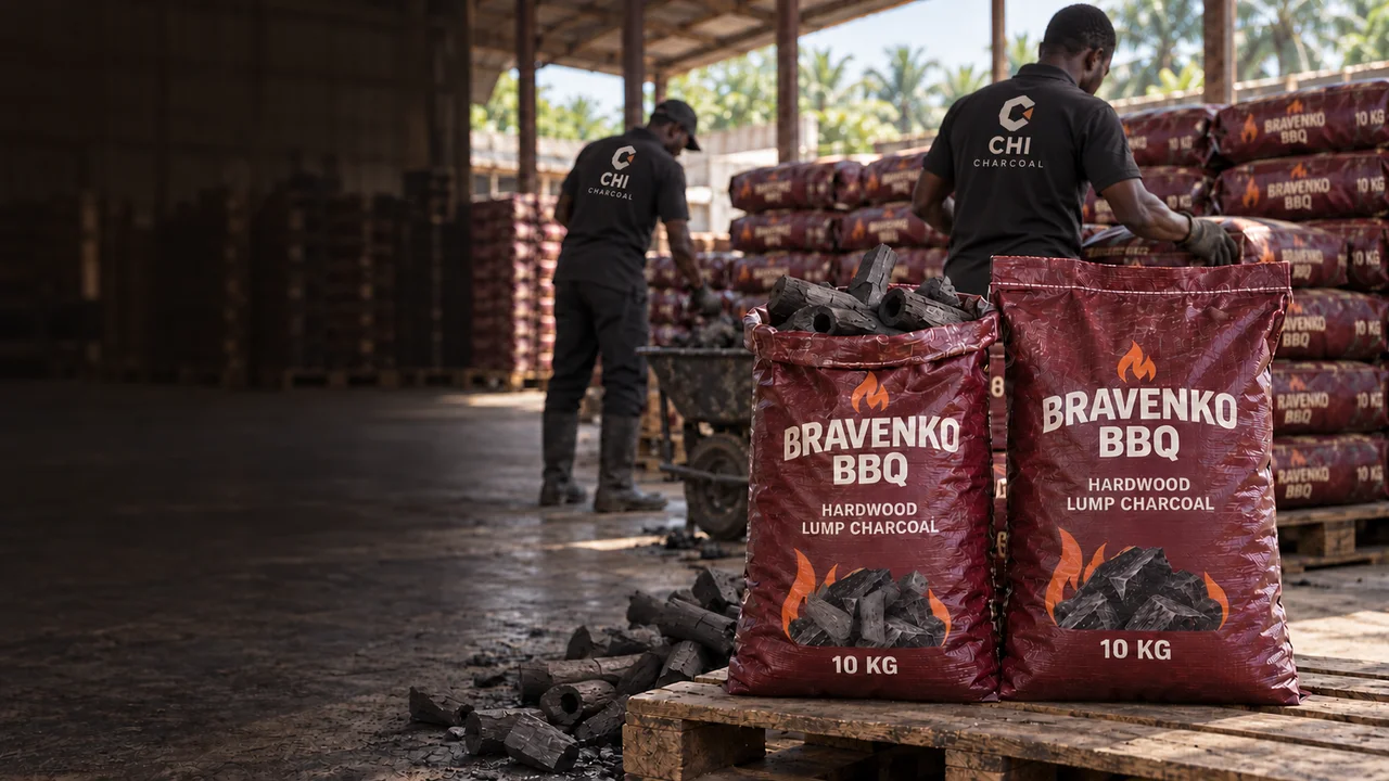 Illustrative charcoal packing scene with 10 kg private-label bags